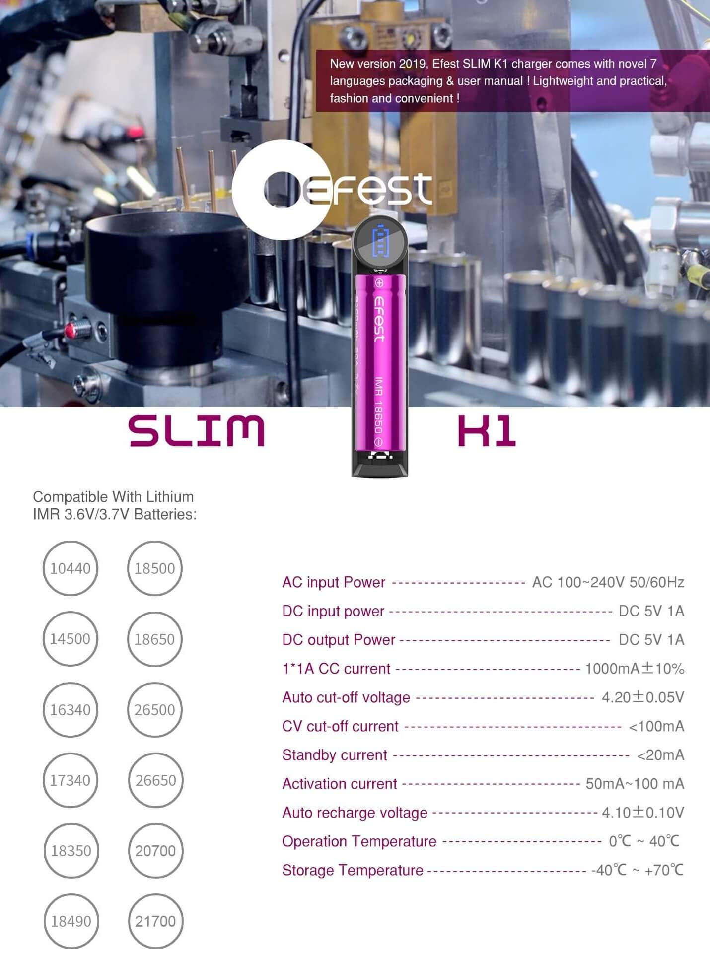 Cargador Efest Slim K1 compacto para batería Li-Ion hasta 26650
